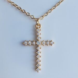 14k Gold Plated Necklace with Cubic Zirconia Cross Pendant